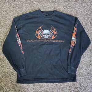 Vintage 2004 Harley-Davidson Flame Skull Long Sleeve Shirt XL Warr's London 80th